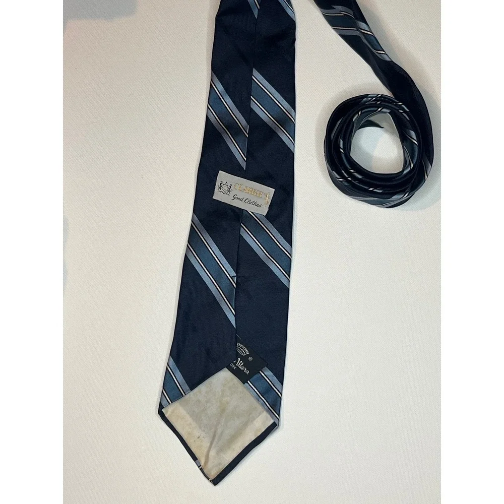 Countess Mara New York Vintage Navy Blue Striped Silk Blend Necktie Logo